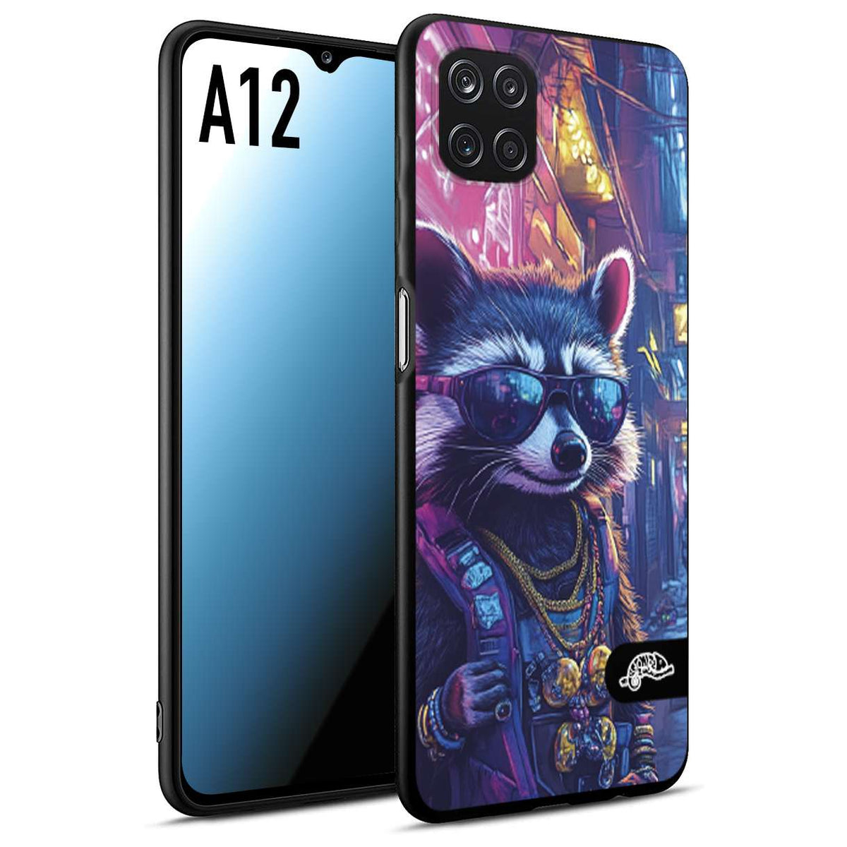CUSTOMIZZA - Custodia cover nera morbida in tpu compatibile per Samsung A12 animali simpatici cyberpunk procione racoon street cat fucsia blu giallo