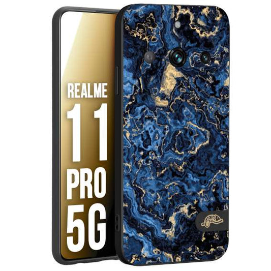 CUSTOMIZZA - Custodia cover nera morbida in tpu compatibile per Oppo Realme 11 PRO 5G effetto marmo marble blu venature dorato psichedelico