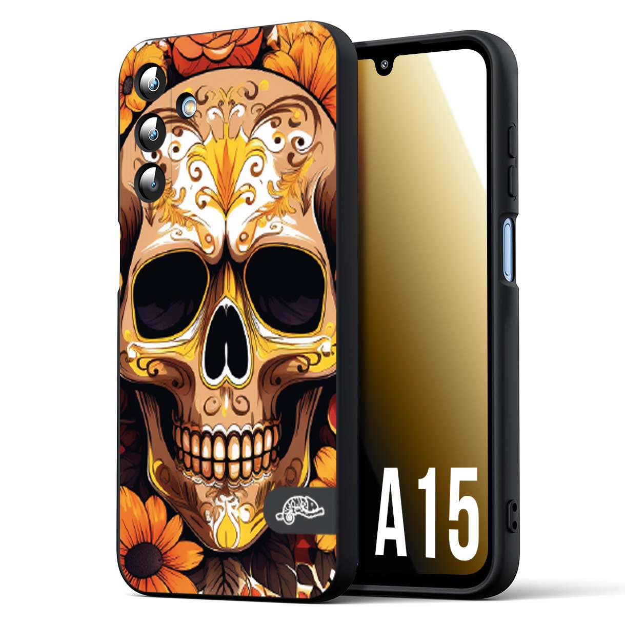 CUSTOMIZZA - Custodia cover nera morbida in tpu compatibile per Samsung A15 5G teschio messicano colorato dorato fiori tattoo disegnato