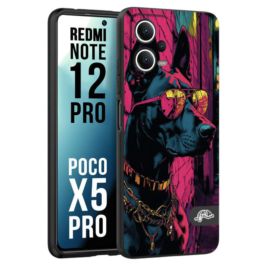 CUSTOMIZZA - Custodia cover nera morbida in tpu compatibile per Xiaomi Redmi Note 12 PRO - POCO X5 PRO animali cyberpunk dobermann cane street dog fucsia blu