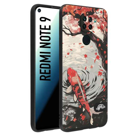 CUSTOMIZZA - Custodia cover nera morbida in tpu compatibile per Xiaomi Redmi Note 9 giapponese lago carpa koi rossa con foglie d'acero rosso disegnata tattoo