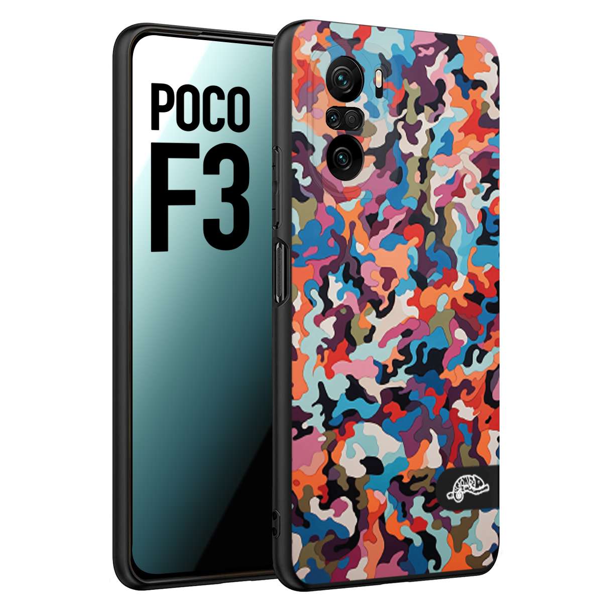 CUSTOMIZZA - Custodia cover nera morbida in tpu compatibile per Xiaomi Poco F3 camouflage mimetico militare moderno blu arancio rosa