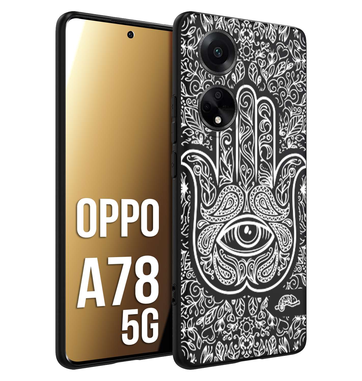 CUSTOMIZZA - Custodia cover nera morbida in tpu compatibile per Oppo A78 5G mano di fatima effetto rilievo mandala donna