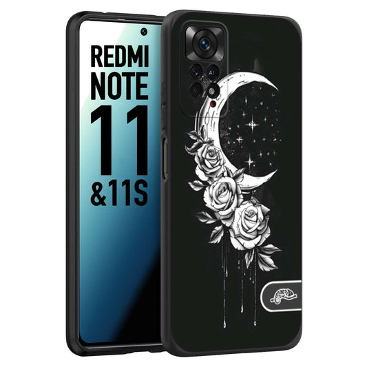 CUSTOMIZZA - Custodia cover nera morbida in tpu compatibile per Xiaomi Redmi Note 11 -  Note 11S luna e fiori moon flowers black and white bianco a rilievo disegnato