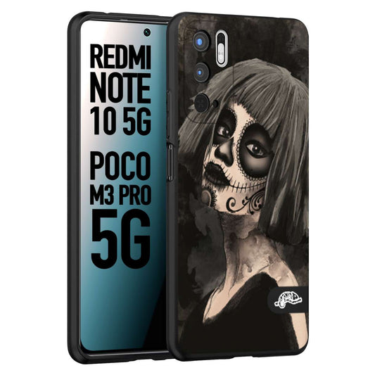 CUSTOMIZZA - Custodia cover nera morbida in tpu compatibile per Xiaomi Redmi Note 10 5G - Poco M3 Pro 5G chicana messicana dea de la muerte donna santa tattoo disegnata