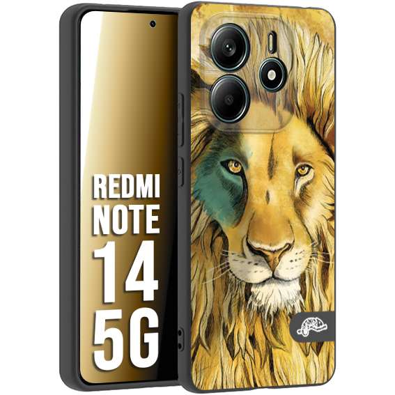 CUSTOMIZZA - Custodia cover nera morbida in tpu compatibile per Xiaomi Redmi Note 14 5G leone lion disegnato a mano giallo blu a rilievo artistico brown