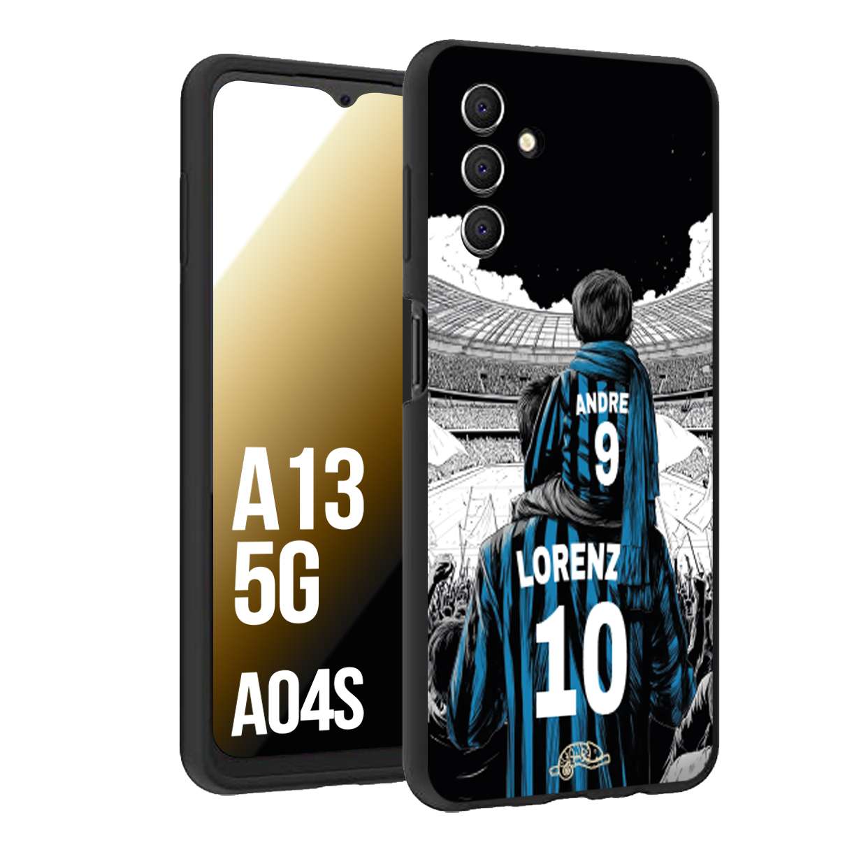 CUSTOMIZZA - Custodia cover nera morbida in tpu compatibile per Samsung A04S - A13 5G personalizzata calcio football padre e figlio calciatori nerazzurra