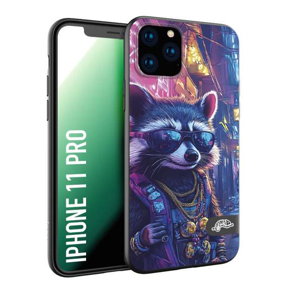 CUSTOMIZZA - Custodia cover nera morbida in tpu compatibile per iPhone 11 PRO animali simpatici cyberpunk procione racoon street cat fucsia blu giallo