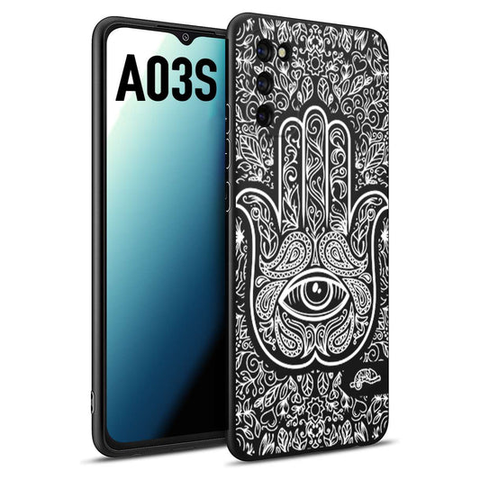 CUSTOMIZZA - Custodia cover nera morbida in tpu compatibile per Samsung A03S mano di fatima effetto rilievo mandala donna