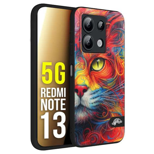 CUSTOMIZZA - Custodia cover nera morbida in tpu compatibile per Xiaomi Redmi Note 13 5G animali color cat gatto viso colori vibranti disegnato schizzo