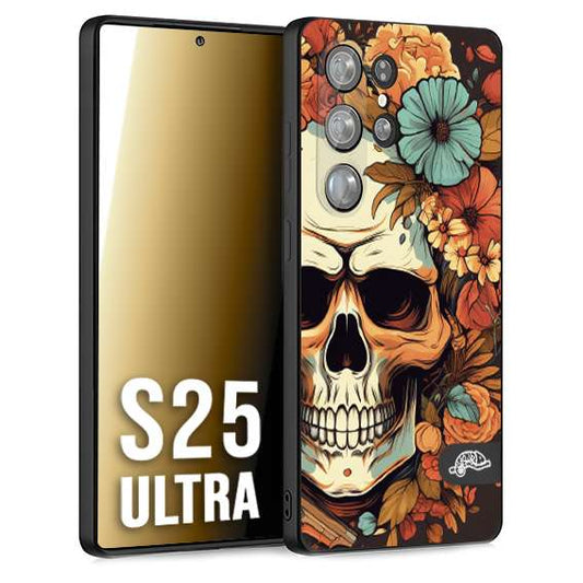 CUSTOMIZZA - Custodia cover nera morbida in tpu compatibile per Samsung S25 ULTRA teschio skull flowers fiori autunnali arancio celeste tattoo