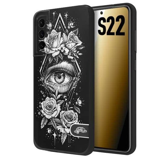 CUSTOMIZZA - Custodia cover nera morbida in tpu compatibile per Samsung S22 occhio fiori rombo geometrico black and white bianco a rilievo disegnato tattoo tatuaggio