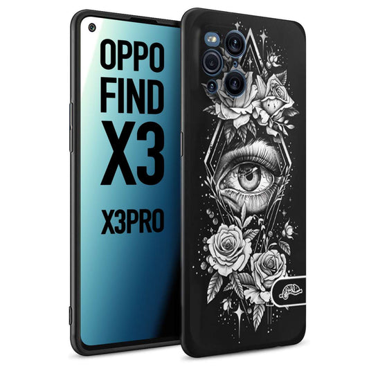 CUSTOMIZZA - Custodia cover nera morbida in tpu compatibile per Oppo Find X3 - Find X3 Pro 5G occhio fiori rombo geometrico black and white bianco a rilievo disegnato tattoo tatuaggio