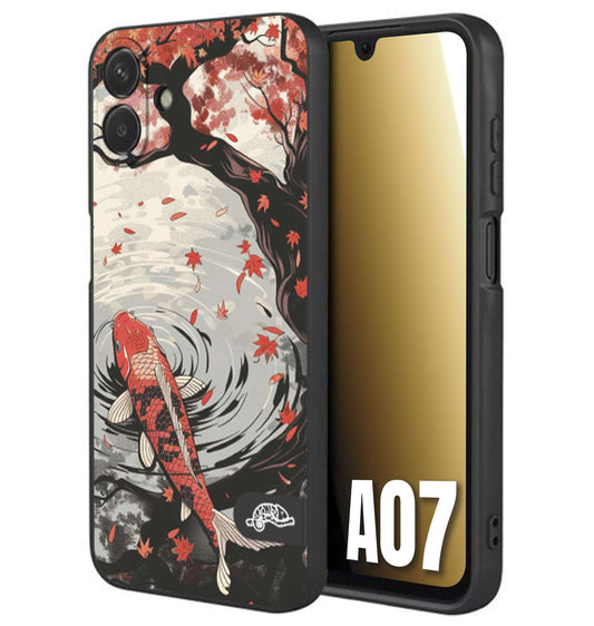 CUSTOMIZZA - Custodia cover nera morbida in tpu compatibile per Samsung A07 giapponese lago carpa koi rossa con foglie d'acero rosso disegnata tattoo