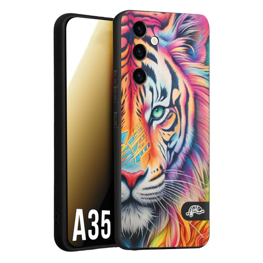 CUSTOMIZZA - Custodia cover nera morbida in tpu compatibile per Samsung A35 5G animali color tigre tiger viso colori vibranti disegnato schizzo