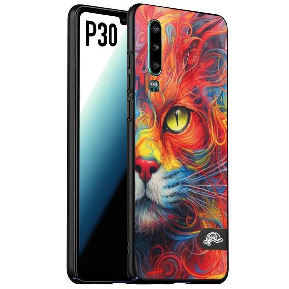 CUSTOMIZZA - Custodia cover nera morbida in tpu compatibile per Huawei P30 animali color cat gatto viso colori vibranti disegnato schizzo