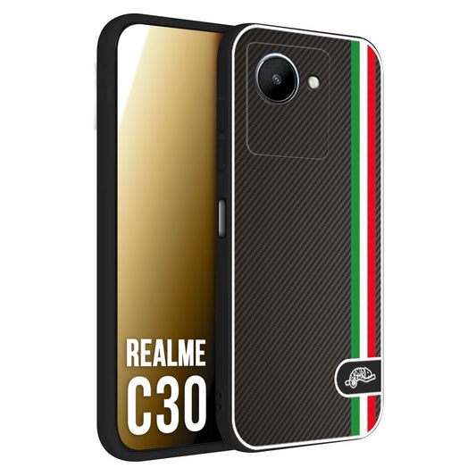 CUSTOMIZZA - Custodia cover nera morbida in tpu compatibile per Oppo Realme C30 effetto fibra di carbonio bandiera Italia made in Italy