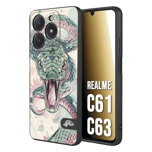 CUSTOMIZZA - Custodia cover nera morbida in tpu compatibile per Oppo C61 - C63 snake pink green serpente tatuaggio tattoo disegnato a mano