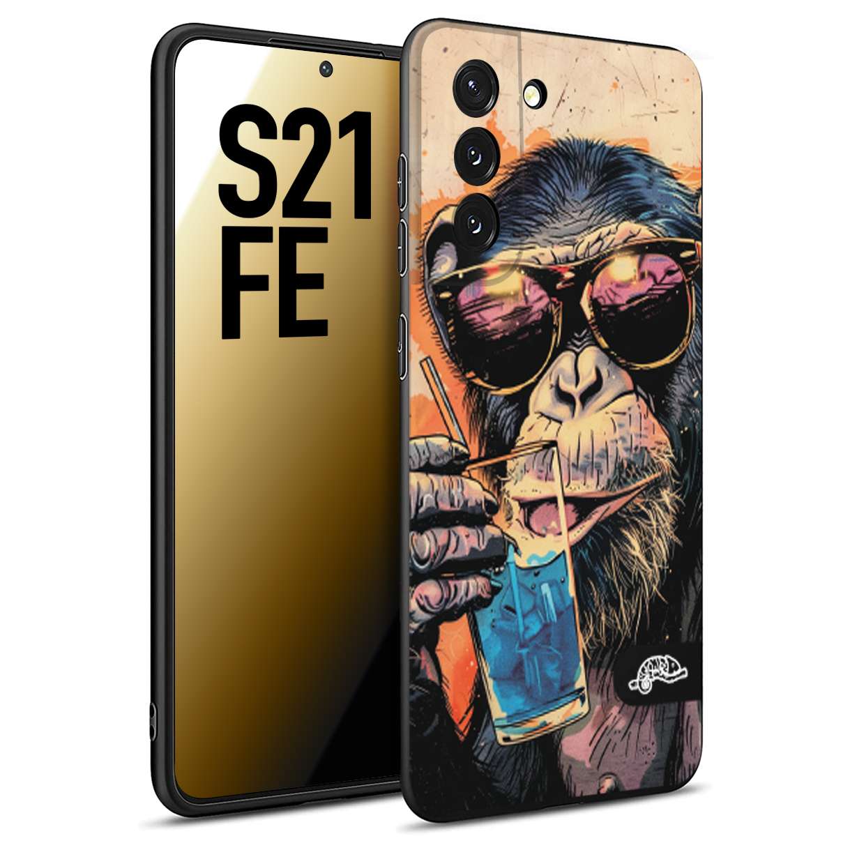 CUSTOMIZZA - Custodia cover nera morbida in tpu compatibile per Samsung S21 FE estate disegnata cocktails animali simpatici scimmia monkey negroni