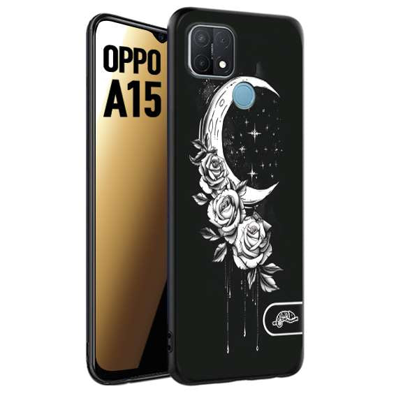 CUSTOMIZZA - Custodia cover nera morbida in tpu compatibile per Oppo A15 luna e fiori moon flowers black and white bianco a rilievo disegnato tattoo tatuaggio