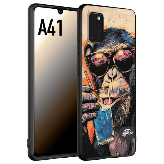 CUSTOMIZZA - Custodia cover nera morbida in tpu compatibile per Samsung A41 estate disegnata cocktails animali simpatici scimmia monkey negroni