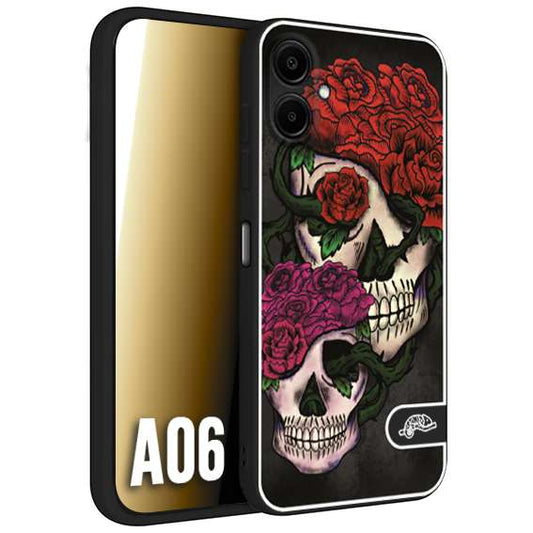 CUSTOMIZZA - Custodia cover nera morbida in tpu compatibile per Samsung A06 teschi e rose rosse fucsia skull and roses