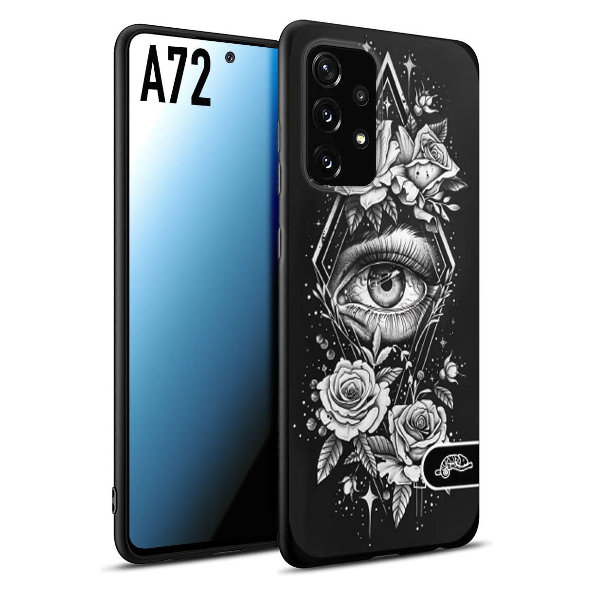 CUSTOMIZZA - Custodia cover nera morbida in tpu compatibile per Samsung A72 occhio fiori rombo geometrico black and white bianco a rilievo disegnato tattoo tatuaggio