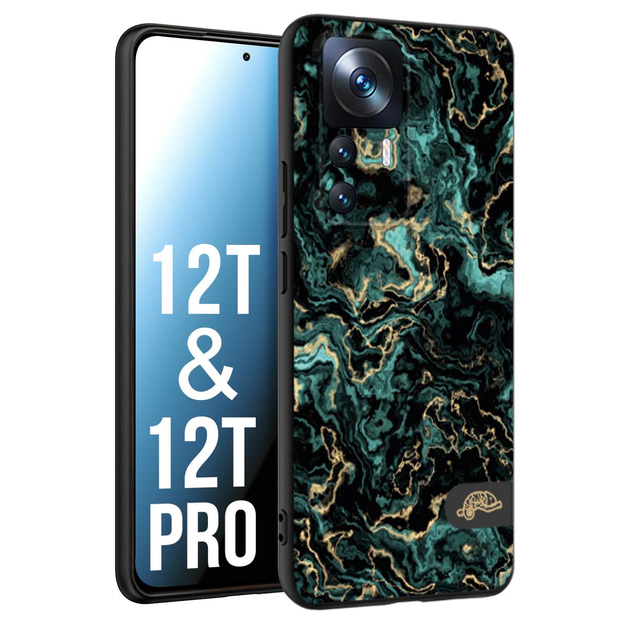 CUSTOMIZZA - Custodia cover nera morbida in tpu compatibile per Xiaomi 12T - 12T PRO effetto marmo marble verde green venature dorato pietra