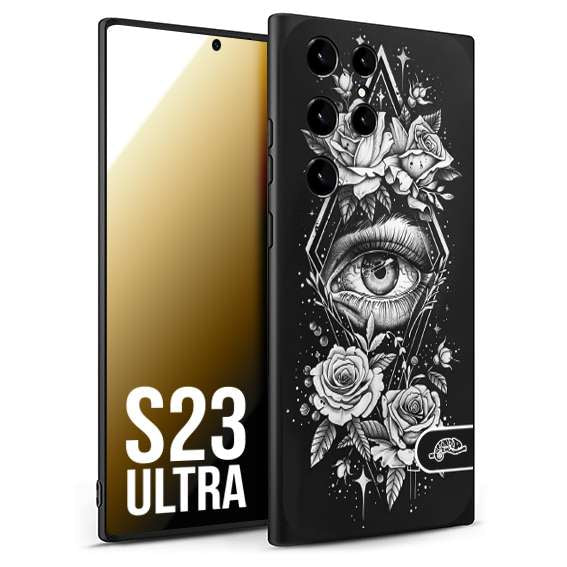 CUSTOMIZZA - Custodia cover nera morbida in tpu compatibile per Samsung S23 ULTRA occhio fiori rombo geometrico black and white bianco a rilievo disegnato tattoo tatuaggio