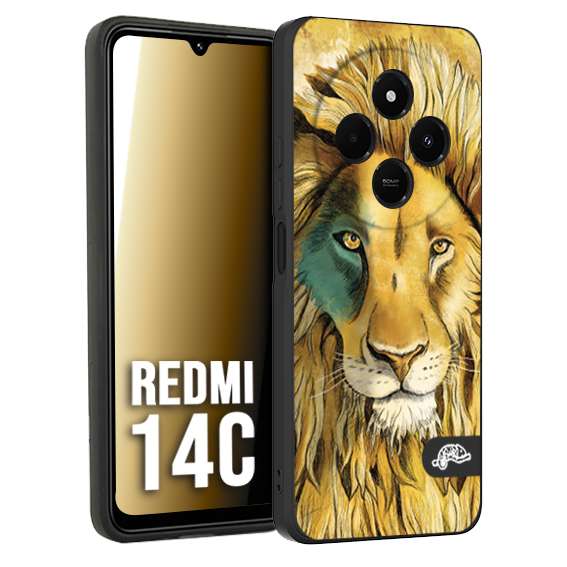 CUSTOMIZZA - Custodia cover nera morbida in tpu compatibile per Xiaomi Redmi 14C leone lion disegnato a mano giallo blu a rilievo artistico brown
