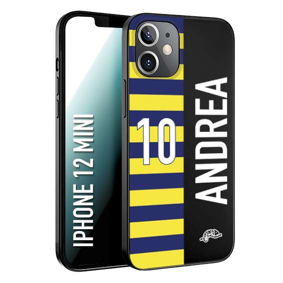 CUSTOMIZZA - Custodia cover nera morbida in tpu compatibile per iPhone 12 MINI personalizzata calcio football nome e numero calciatori giallo blu