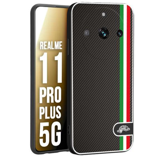CUSTOMIZZA - Custodia cover nera morbida in tpu compatibile per Oppo Realme 11 PRO PLUS 5G effetto fibra di carbonio bandiera Italia made in Italy