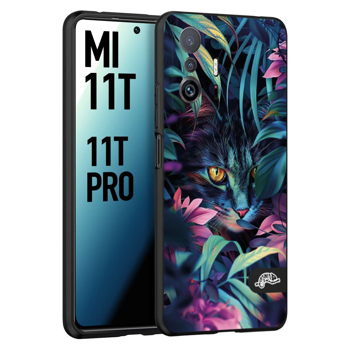CUSTOMIZZA - Custodia cover nera morbida in tpu compatibile per Xiaomi Mi 11T - Mi 11T PRO animali color giungla tropicale occhio di gatto colori vibranti disegnato
