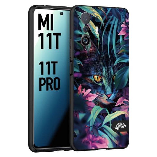 CUSTOMIZZA - Custodia cover nera morbida in tpu compatibile per Xiaomi Mi 11T - Mi 11T PRO animali color giungla tropicale occhio di gatto colori vibranti disegnato