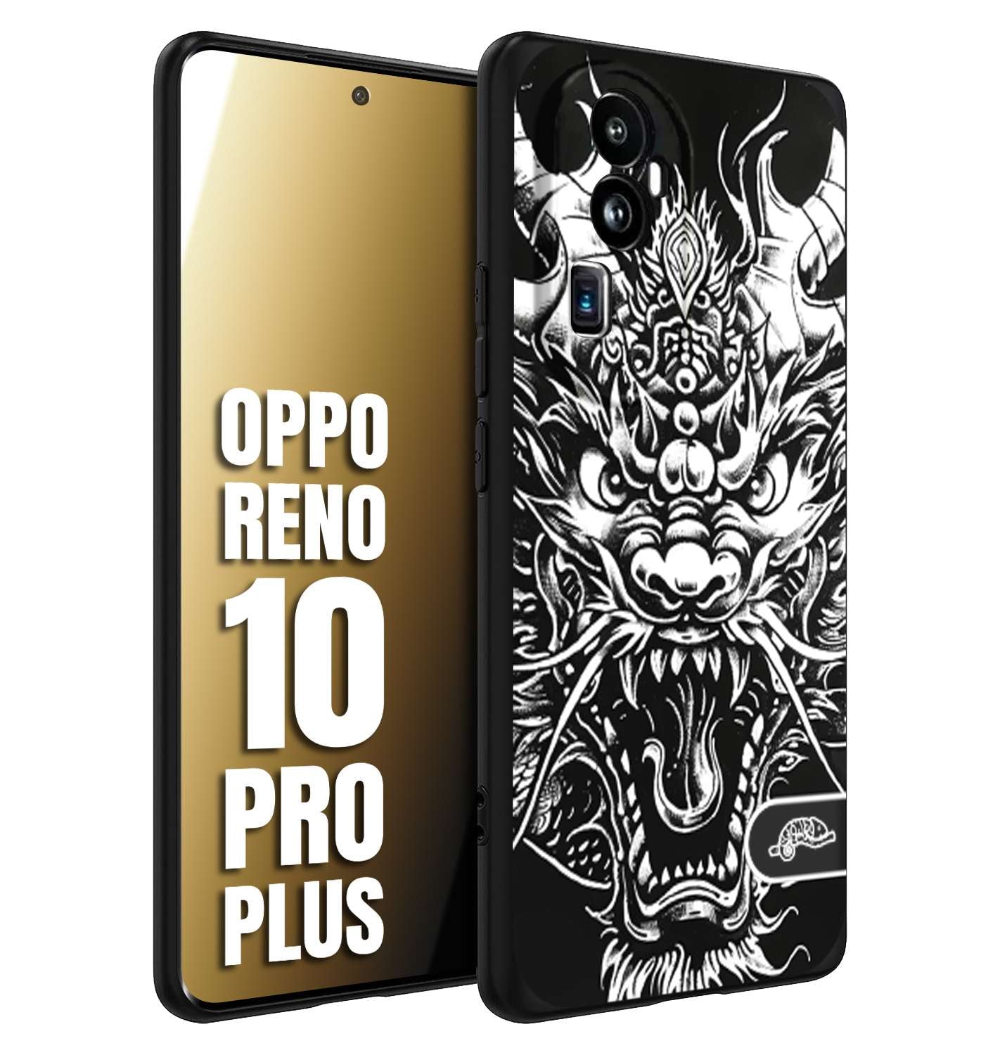 CUSTOMIZZA - Custodia cover nera morbida in tpu compatibile per Oppo Reno 10 PRO PLUS drago black and white bianco a rilievo disegnato tattoo tatuaggio
