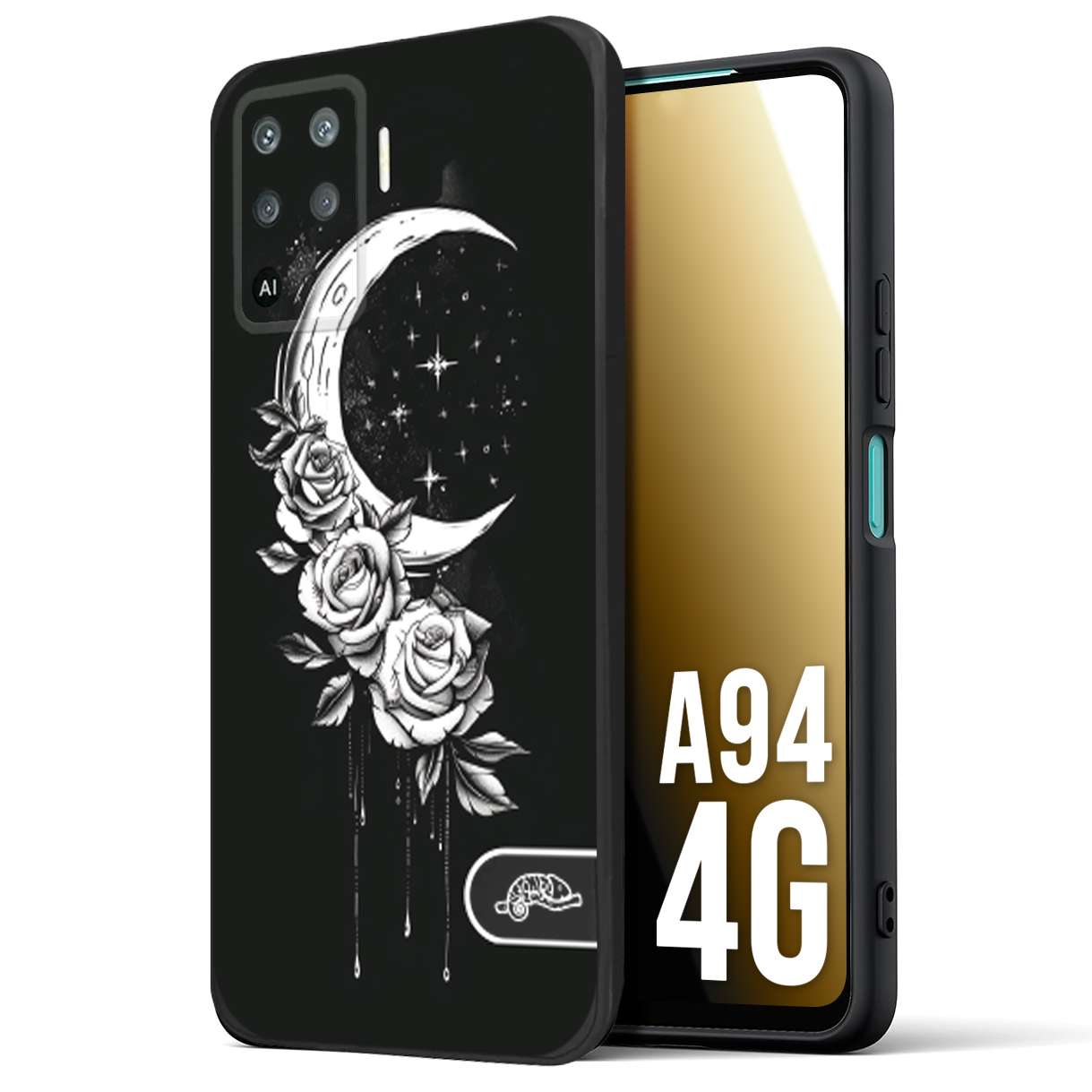 CUSTOMIZZA - Custodia cover nera morbida in tpu compatibile per Oppo A94 4G luna e fiori moon flowers black and white bianco a rilievo disegnato tattoo tatuaggio