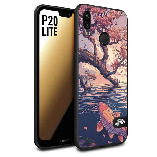 CUSTOMIZZA - Custodia cover nera morbida in tpu compatibile per Huawei P20 LITE giapponese lago carpa koi rosa con foglie d'acero disegnata tattoo