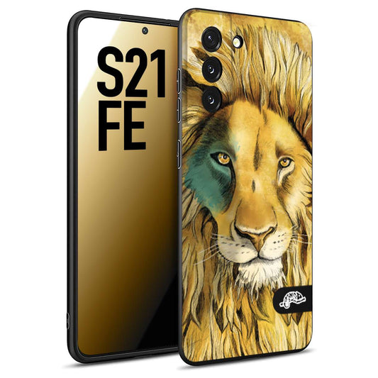 CUSTOMIZZA - Custodia cover nera morbida in tpu compatibile per Samsung S21 FE leone lion disegnato a mano giallo blu a rilievo artistico brown