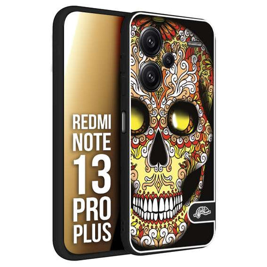 CUSTOMIZZA - Custodia cover nera morbida in tpu compatibile per Xiaomi Redmi Note 13 PRO PLUS teschio messicano Mexican skull giallo rosso arancio