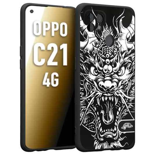 CUSTOMIZZA - Custodia cover nera morbida in tpu compatibile per Oppo Realme C21 4G drago black and white bianco a rilievo disegnato tattoo tatuaggio