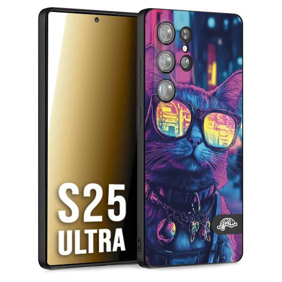 CUSTOMIZZA - Custodia cover nera morbida in tpu compatibile per Samsung S25 ULTRA animali cyberpunk gatto street cat fucsia blu giallo