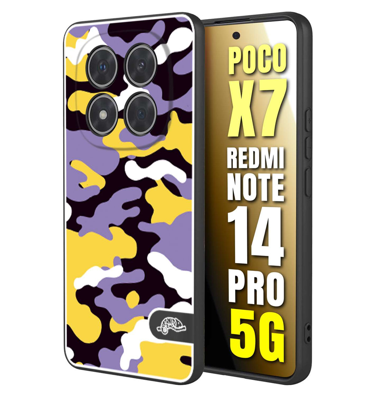 CUSTOMIZZA - Custodia cover nera morbida in tpu compatibile per Xiaomi Redmi Note 14 PRO 5G camouflage mimetico militare viola lilla giallo