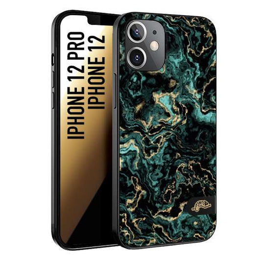 CUSTOMIZZA - Custodia cover nera morbida in tpu compatibile per iPhone 12 - 12 PRO effetto marmo marble verde green venature dorato pietra