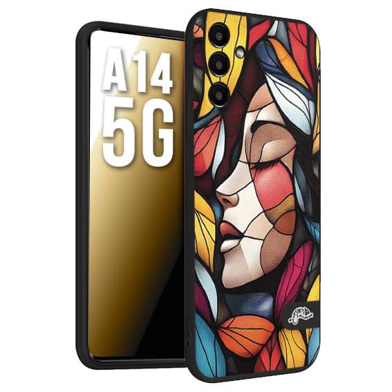 CUSTOMIZZA - Custodia cover nera morbida in tpu compatibile per Samsung A14 5G Vetrata artistica volto di donna profilo fogliare mosaico di vetro colorato