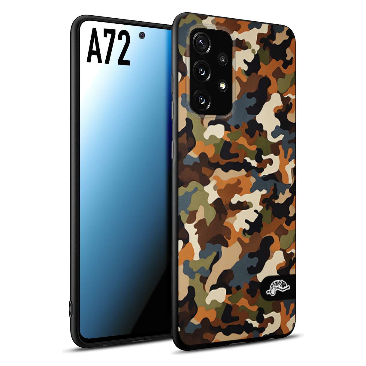 CUSTOMIZZA - Custodia cover nera morbida in tpu compatibile per Samsung A72 camouflage mimetico militare moderno blu marrone beige