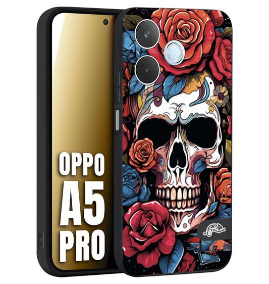 CUSTOMIZZA - Custodia cover nera morbida in tpu compatibile per Oppo A5 PRO teschio skull flowers fiori rose rosse tattoo disegnato