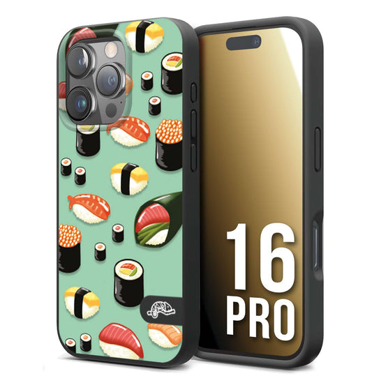 CUSTOMIZZA - Custodia cover nera morbida in tpu compatibile per iPhone 16 PRO sushi disegni giapponese nighiri acquamarina verde