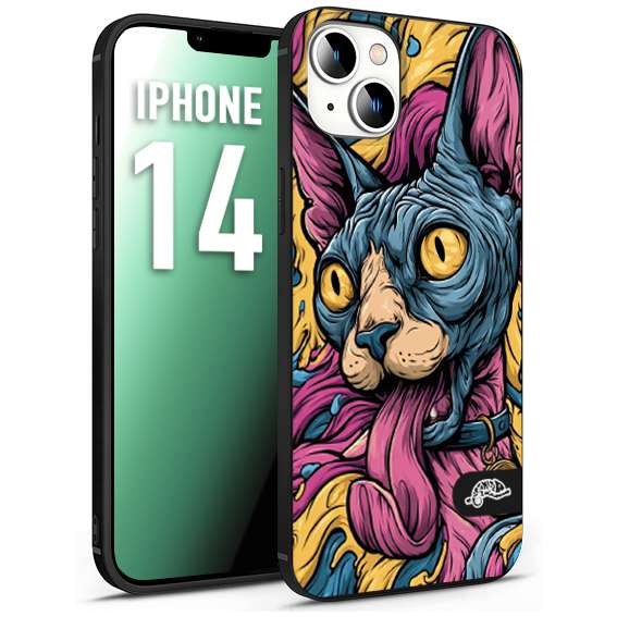 CUSTOMIZZA - Custodia cover nera morbida in tpu compatibile per iPhone 14 Sphynx Colorato Pop Art Psichedelico Gatto Blu Rosa Giallo Artistica Fantasy