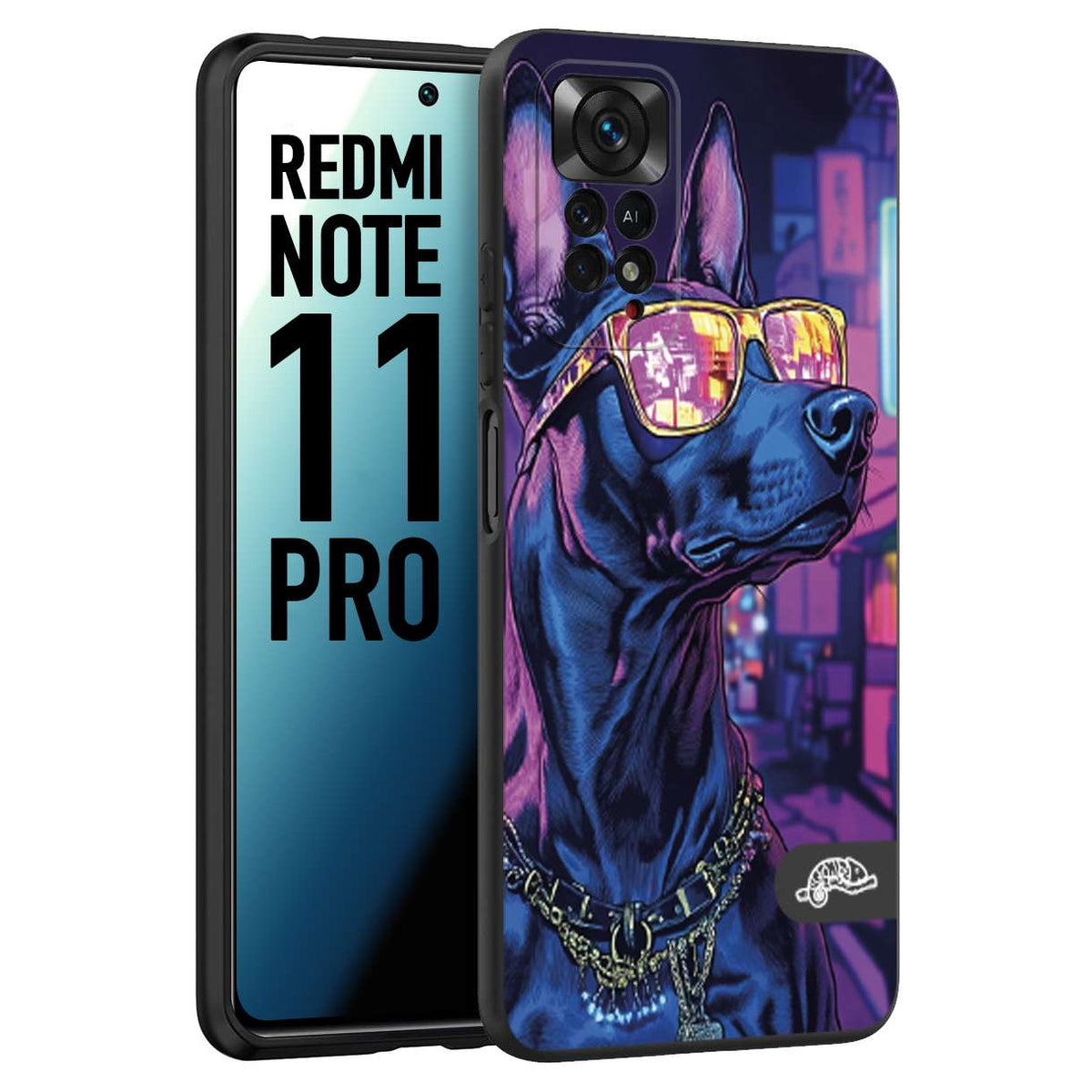 CUSTOMIZZA - Custodia cover nera morbida in tpu compatibile per Xiaomi Redmi Note 11 PRO animali cyberpunk dobermann cane street dog fucsia blu night
