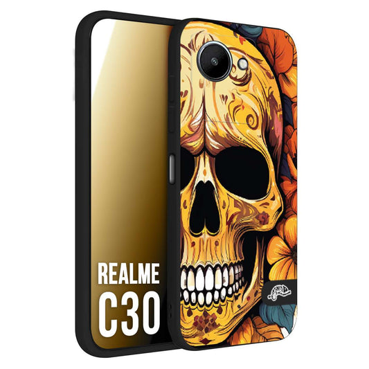 CUSTOMIZZA - Custodia cover nera morbida in tpu compatibile per Oppo Realme C30 teschio messicano colorato dorato fiori autunnali disegnato